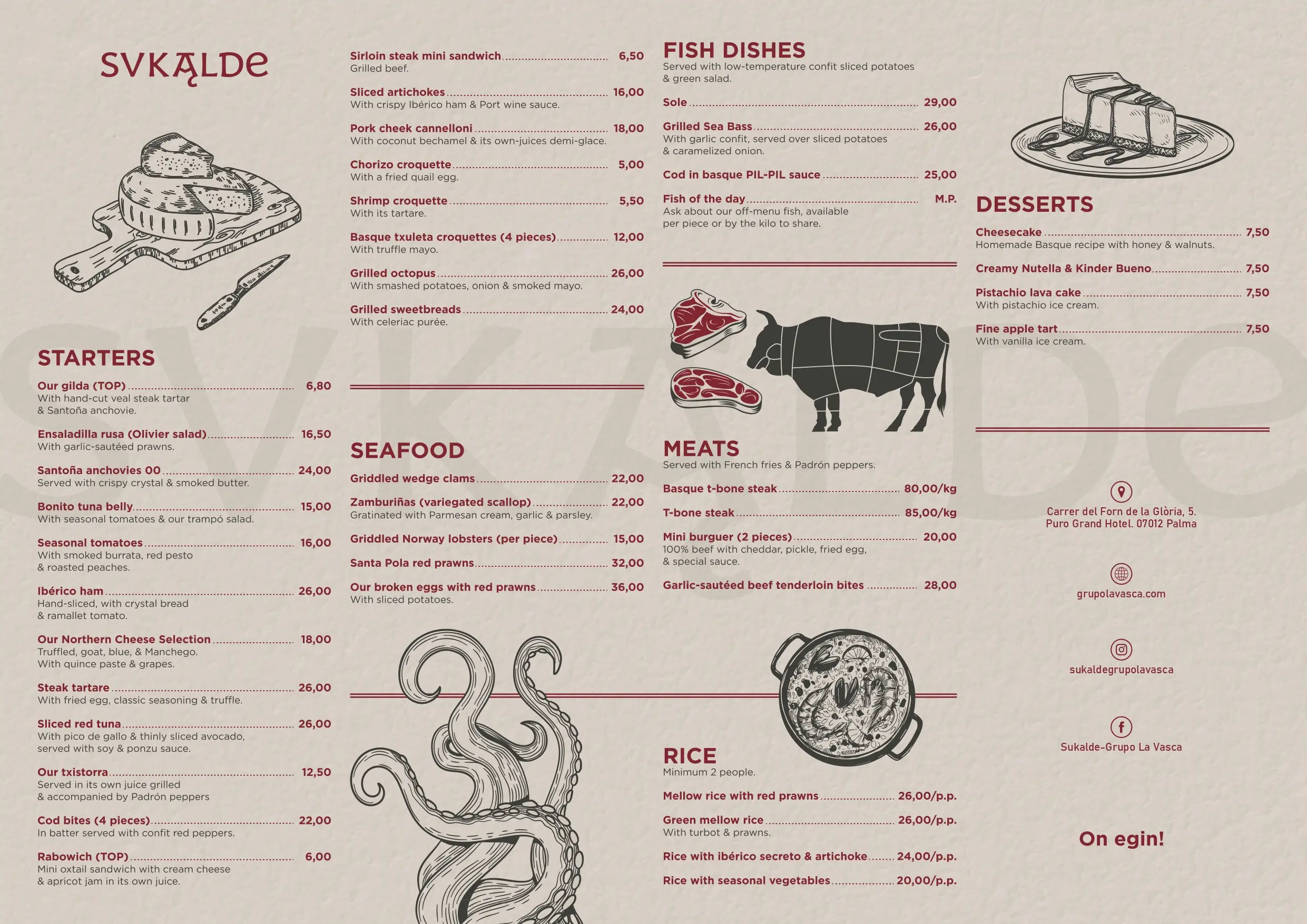 Menu of the Sukalde restaurant in Palma.